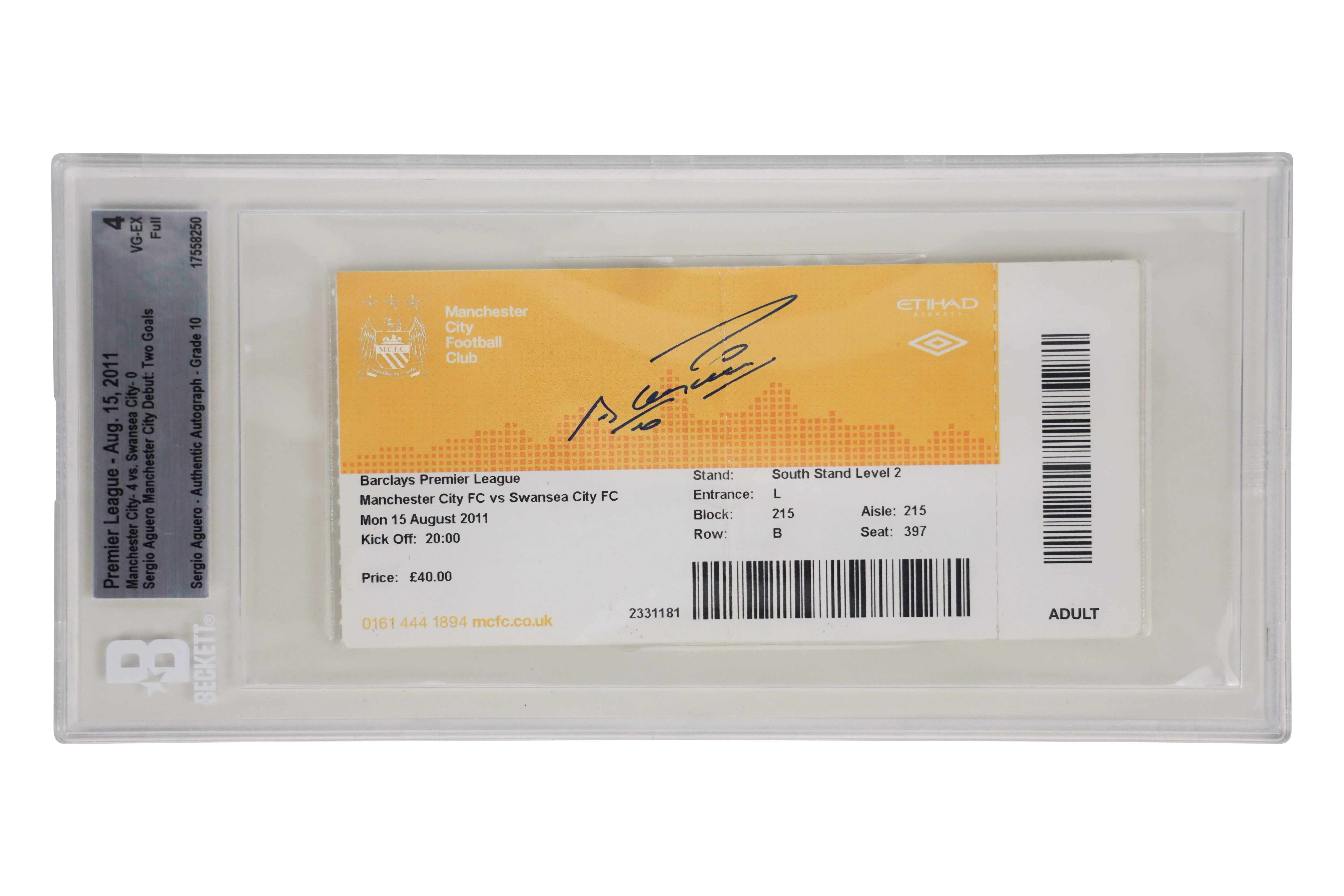 Sergio Aguero Signed 2011 Manchester City Pro Debut Match Ticket – BGS 4